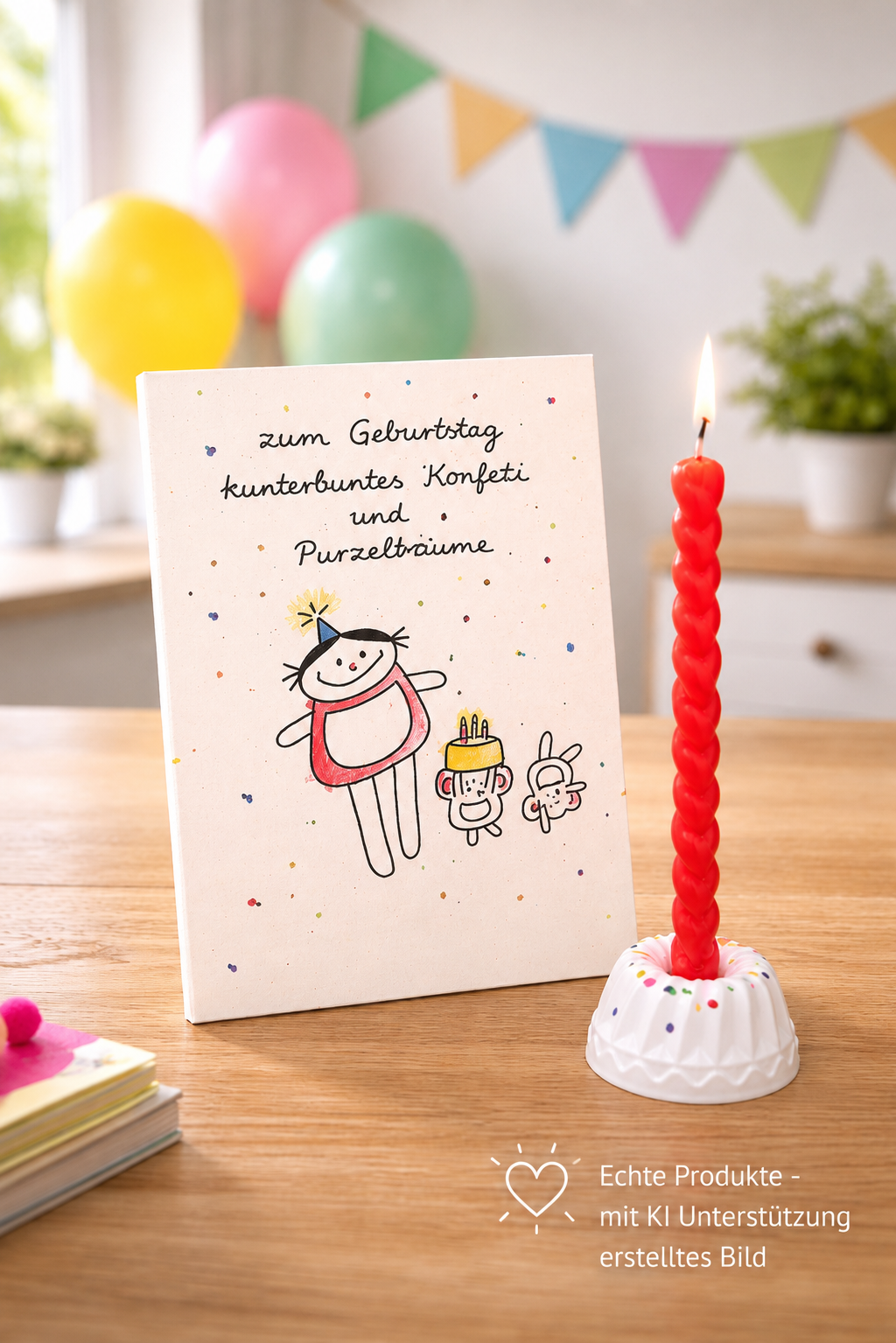 Geburtstagskarte mit Kerze und Gipskuchen im KI Ambiente